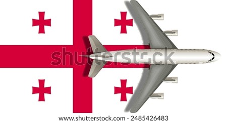 Flag of Georgia with an airplane flying over it close up. Vector image.