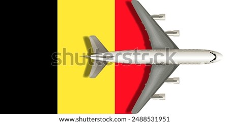 Belgium flag with an airplane flying over it close up. Vector image.