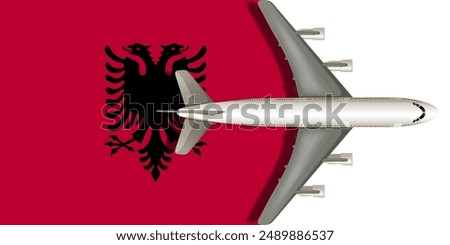 Albania flag with an airplane flying over it close up. Vector image.