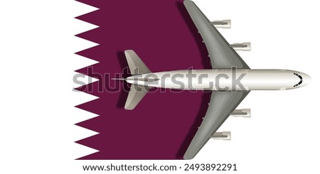 Qatar flag with an airplane flying over it close up. Vector image.