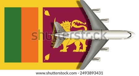 Sri Lanka flag with an airplane flying over it close up. Vector image.