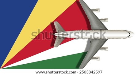 SEYCHELLES flag with airplane flying over it close up. Vector image.