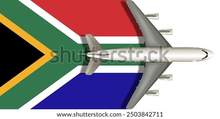 Flag of SOUTH AFRICA with a plane flying over it close up. Vector image.