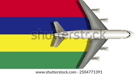 Flag of MAURITIUS with an airplane flying over it close up. Vector image.