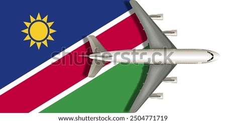 Flag of Namibia with a plane flying over it close up. Vector image.