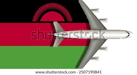 MALAWI flag with airplane flying over it close up. Vector image.