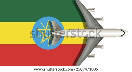 Ethiopian flag with airplane flying over it. Vector image.