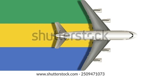 Gabon flag with airplane flying over it close up. Vector image.