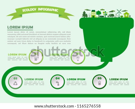Modern green ecology infographic layout for presentation slide templates with 5 options. Transition to environmentally friendly world concept. Alternative clean energy