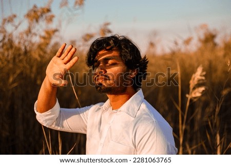 Similar – Image, Stock Photo Woman covering face with bunch of bananas. Neon