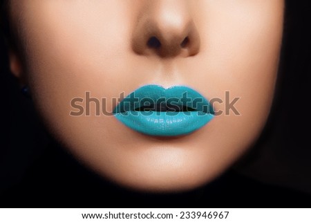 Fashion Blue Sexy Lips and Closeup. Open Mouth. Make up concept. Kiss