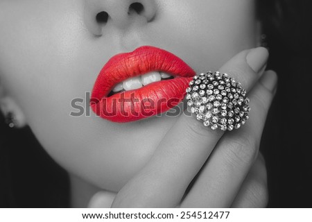 Red Lips with Diamond Jewelry. Fashion Make-up, Style and Cosmetics