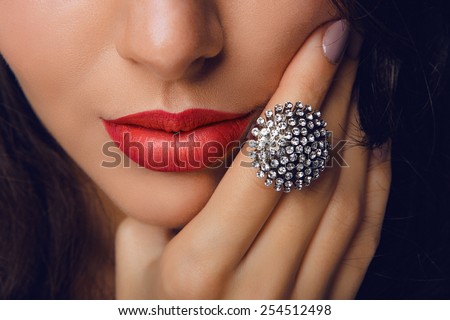 Red Lips with Diamond Jewelry. Fashion Make-up, Style and Cosmetics