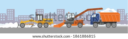 Snow removal equipment: an orange snowplow and a truck covered with snow against the backdrop of city streets. Finished illustration: the problem of snow removal and removal. Flat infographics. Vector