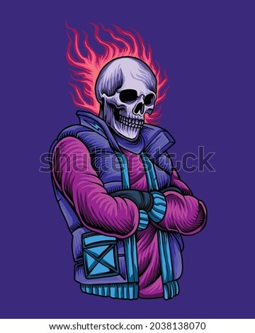 Urban skeleton with fire skull head