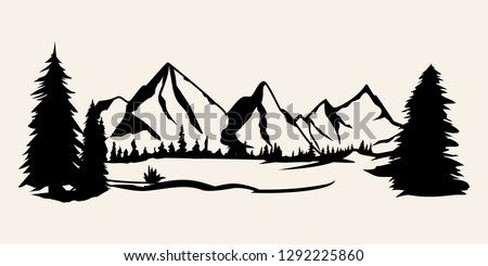 Mountains silhouettes. Mountains vector, Mountains vector of outdoor design elements, Mountain scenery, trees, pine vector, Mountain scenery.