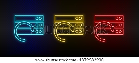 Neon icons. Database server refresh. Set of red, blue, yellow neon vector icon