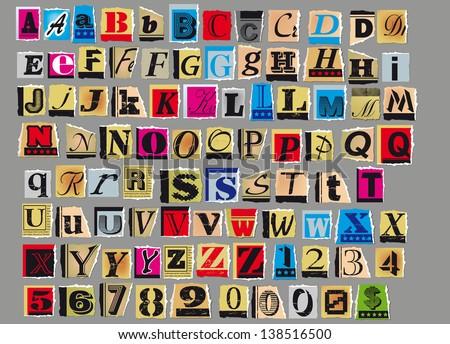 Letters and numbers cut out from old magazines and newspapers Isolated on gray background,in vector format