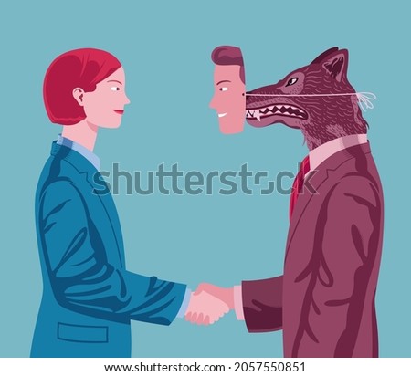 The young two-faced business man shakes hands with female co-worker hiding aggression behind a kind mask. Hypocrite man with nature of the angry wolf.
