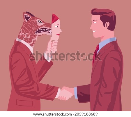 Young business woman shakes hands with male co-worker hiding hostility behind a kind mask. Hypocrisy at workplace.
