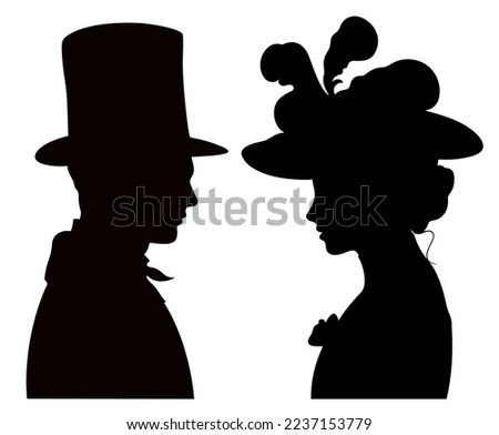 Silhouette profile portrait of victorian woman and man facing each other. Young couple eye to eye in historical clothing. 
