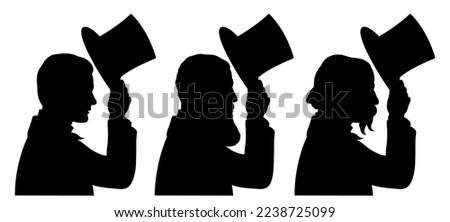 Profile portraits silhouettes of three Victorian men who take off their top hats.