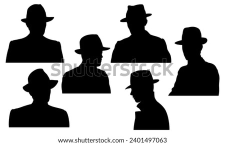Six portrait silhouettes of young men in different positions wearing fedora hat.