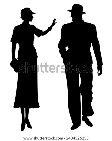 Silhouettes of young couple in thirties clothes where woman waves with her hand a walking man with fedora hat.