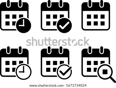 Flat design calendar icon set (Add check mark, clock, magnifying glass)