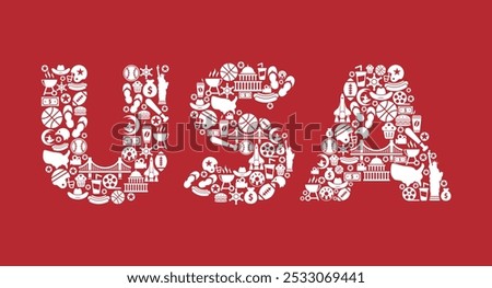 USA word icon set - red and white - vector illustration