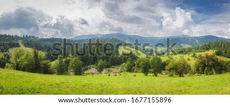 Alps mountain meadow tranquil summer view.  Mountain valley village landscape summer. Mountain village view. Village in mountains. Mountain valley village landscape. 
