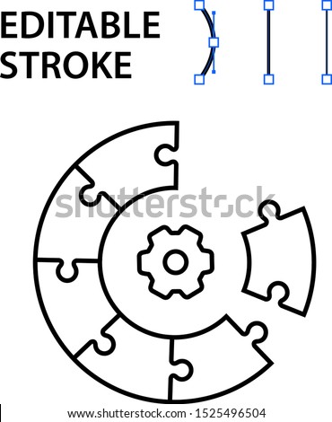 Editable stroke. Outline icon. Parts of puzzle and gear. Pieces of conundrum. The icon show the teamwork process. Processes which working together. Vector illustration with editable outlines.