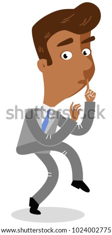 Vector illustration of an asian sneaking and tiptoeing cartoon businessman with his finger on his lips isolated on white background