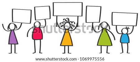 Vector group of protesting colorful stick figures, children, men and women standing and holding up blank boards isolated on white background