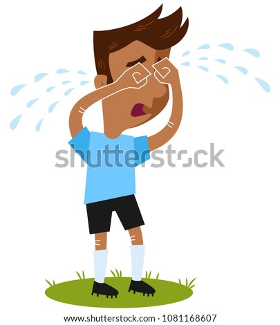 Sad South American cartoon football outfield player crying many tears standing on green isolated on white background, funny vector illustration