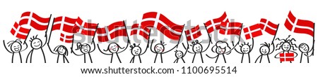 Cheering crowd of happy stick figures with Danish national flags, smiling Denmark supporters, sports fans isolated on white background