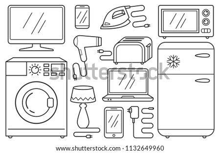Set of line icons - home appliances, household aids, devices, white goods, black pictograms isolated on white background