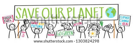 School kids protesters, climate change, save our planet, stick figures holding up billboards demonstrating, isolated on white background