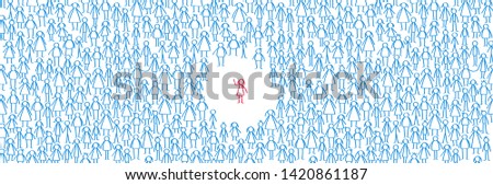 Woman in a crowd of stick people, red female stick figure surrounded by huge crowd of blue men and women isolated on white background