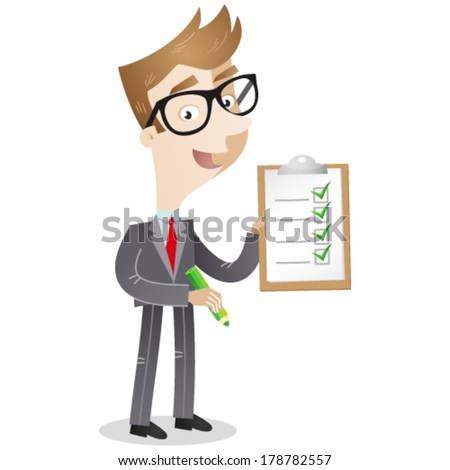 Vector illustration of a cartoon businessman holding a pencil and a clipboard with a check list.