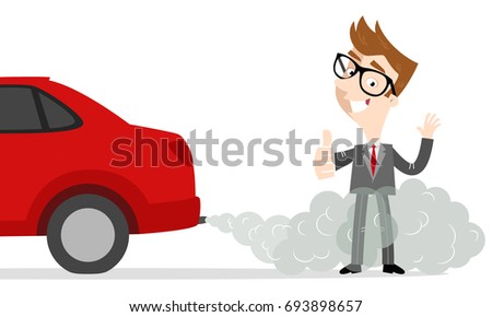 Vector illustration of smiling cartoon businessman giving thumbs up standing next to car in exhaust gases