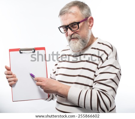 Old active bearded man with digital tablet isolated on white background
