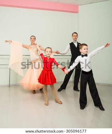 Ballroom dancing, group, man, woman, children, dance studio