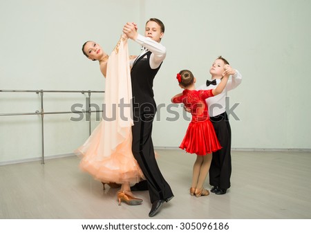 Ballroom dancing, group, man, woman, children, dance studio