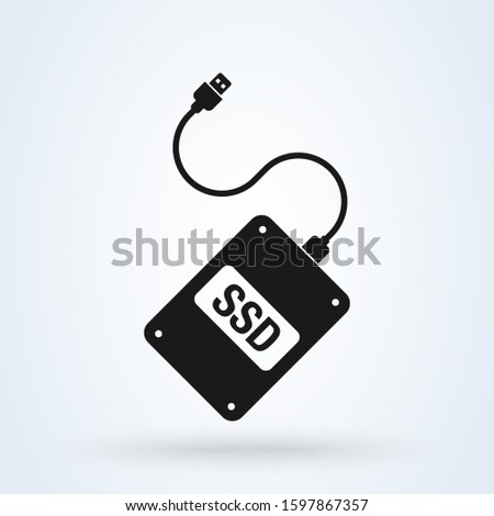 External hard disk, ssd drive with USB cable. Simple vector modern icon design illustration.
