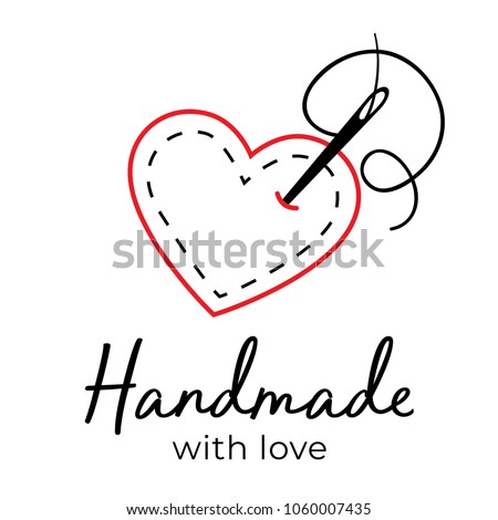 Handmade with love logo vintage vector. Needle going through fabric heart. Stitching, sewing, tailoring, hobby logo. 