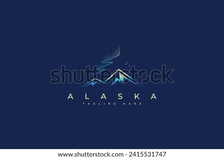 Alaska Abstract Mountain Illustration with Beauty Light Aurora at Night and Star Logo Concept
