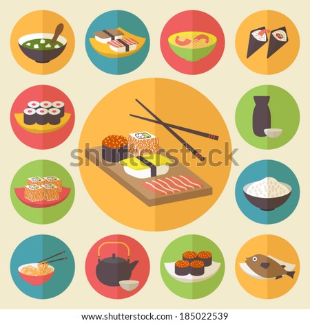 Sushi, Japanese Cuisine, Food Icons Set, Flat Design Vector ...