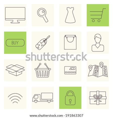 Thin line shopping icons, internet shopping, buy online set, e-commerce icons. Vector illustration.