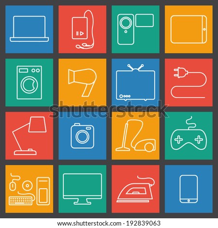 Thin line electronic equipment icons set. 